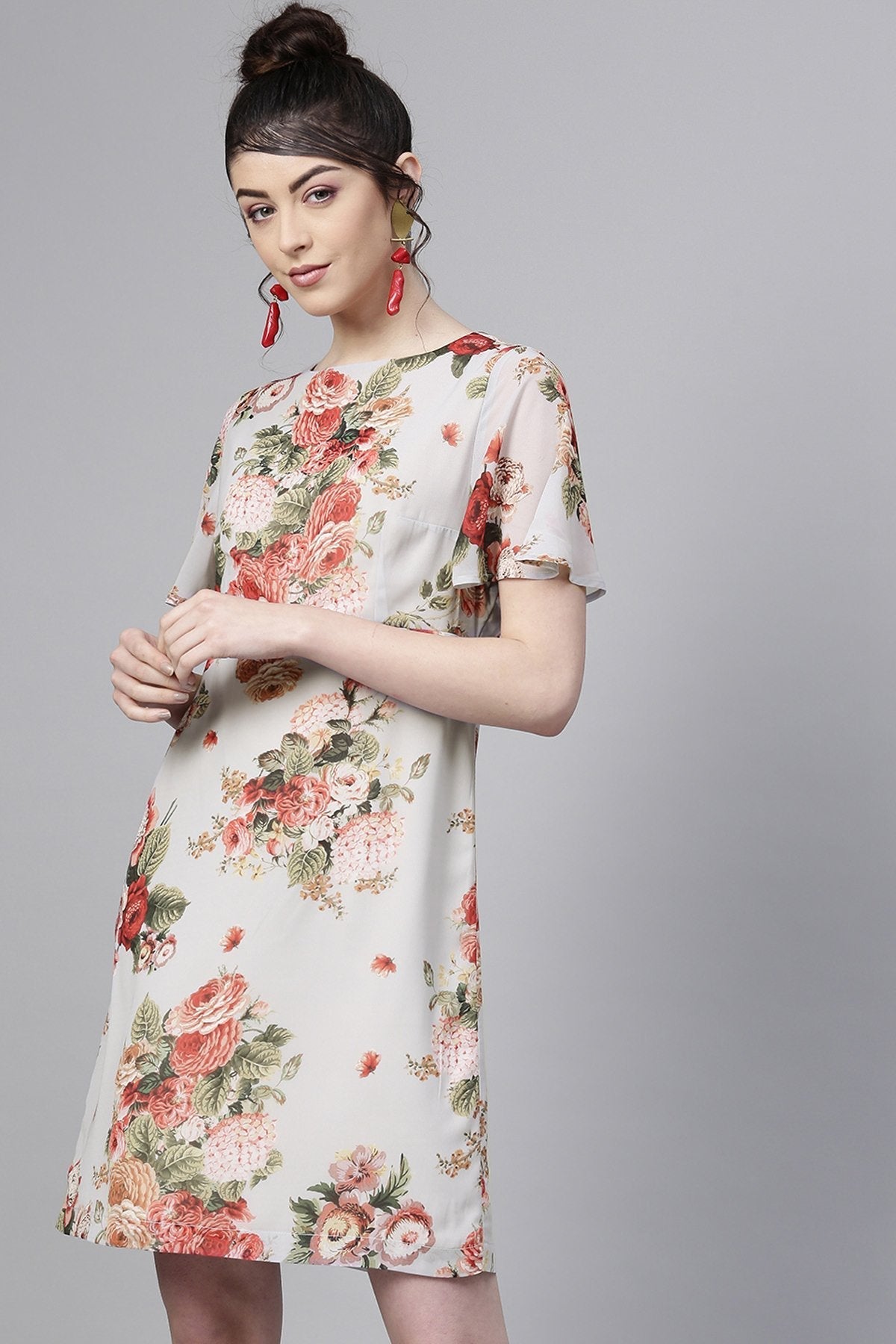 Women's Grey Floral Flared Sleeve A-Line Dress