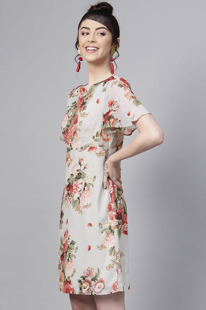 Women's Grey Floral Flared Sleeve A-Line Dress