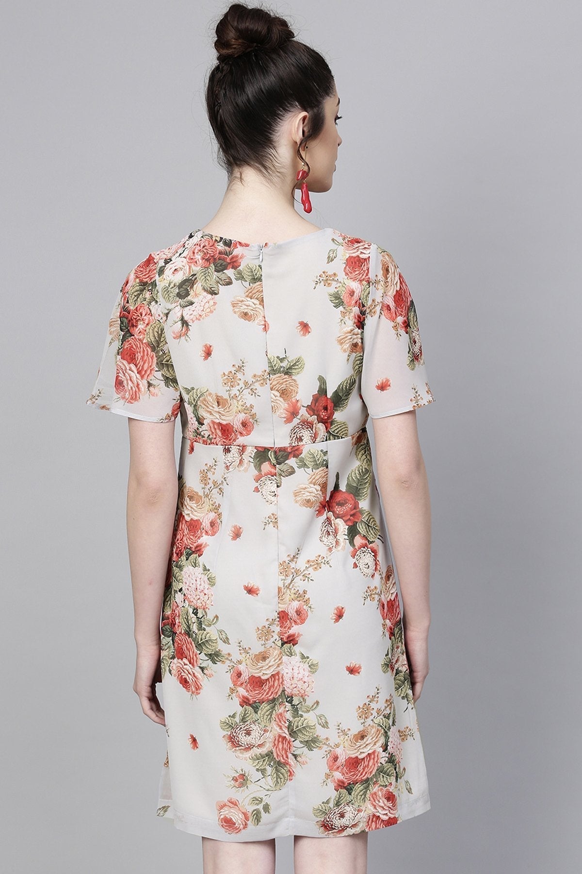 Women's Grey Floral Flared Sleeve A-Line Dress