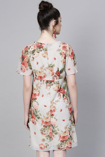 Women's Grey Floral Flared Sleeve A-Line Dress