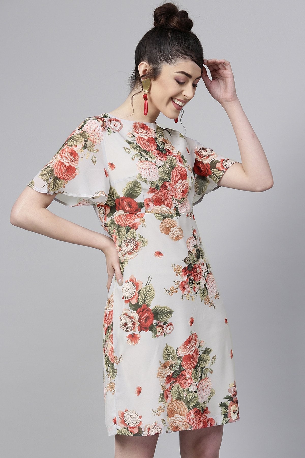 Women's Grey Floral Flared Sleeve A-Line Dress