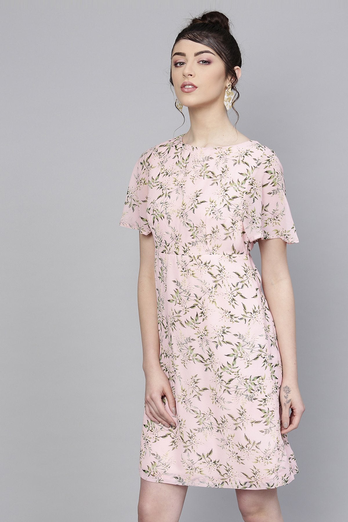 Women's Pink Floral Flared Sleeve A-Line Dress