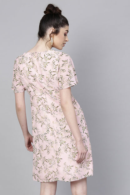 Women's Pink Floral Flared Sleeve A-Line Dress