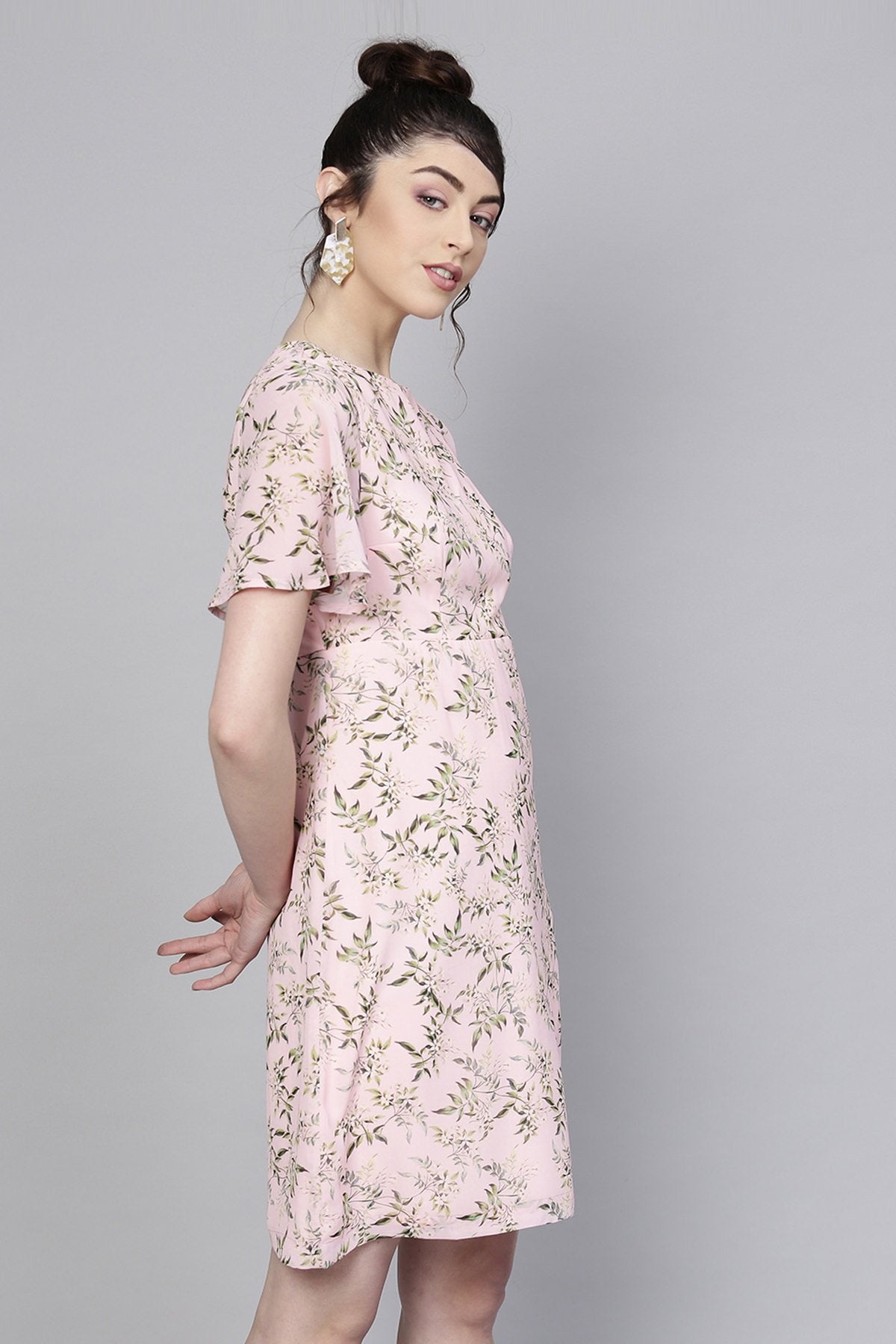 Women's Pink Floral Flared Sleeve A-Line Dress
