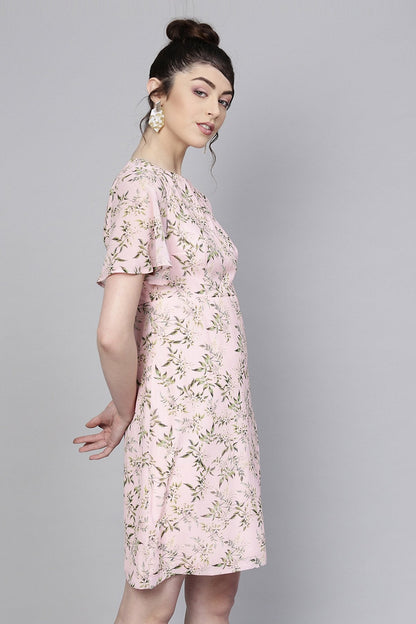 Women's Pink Floral Flared Sleeve A-Line Dress