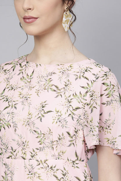 Women's Pink Floral Flared Sleeve A-Line Dress