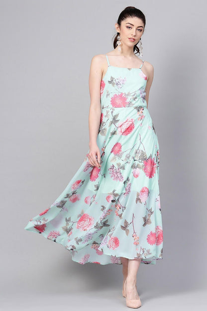 Women's Aqua Floral Strappy Flared Maxi