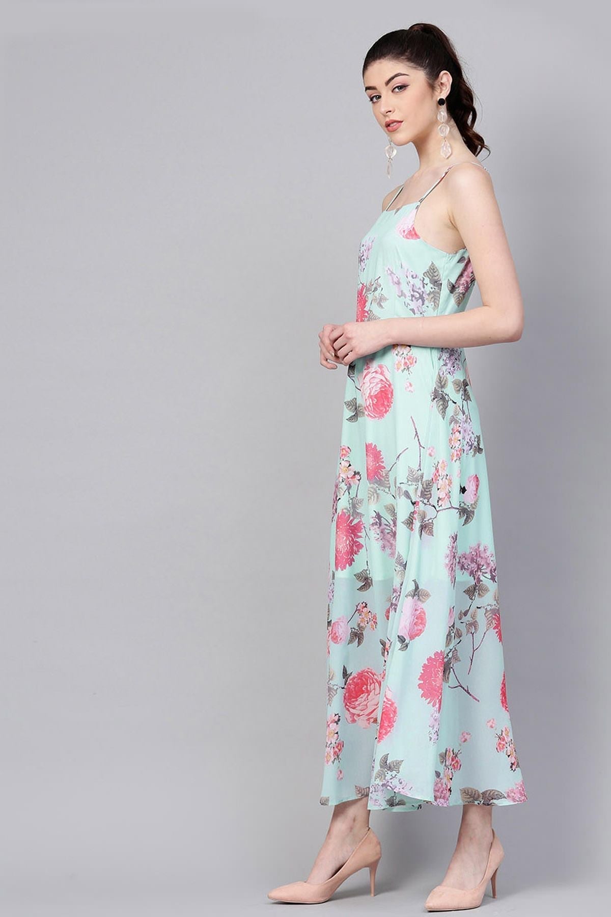 Women's Aqua Floral Strappy Flared Maxi