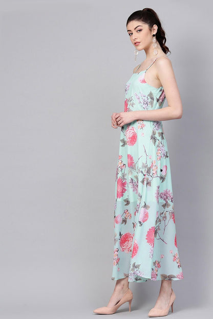 Women's Aqua Floral Strappy Flared Maxi