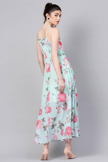 Women's Aqua Floral Strappy Flared Maxi