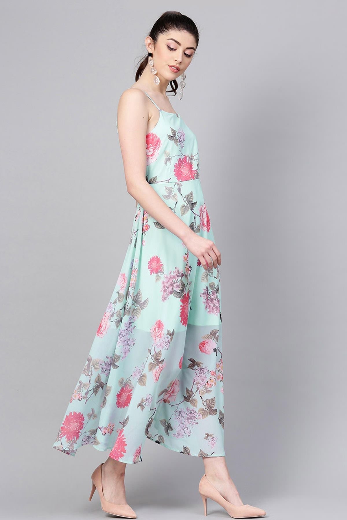 Women's Aqua Floral Strappy Flared Maxi
