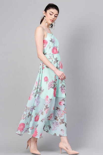 Women's Aqua Floral Strappy Flared Maxi