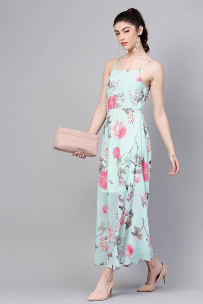 Women's Aqua Floral Strappy Flared Maxi