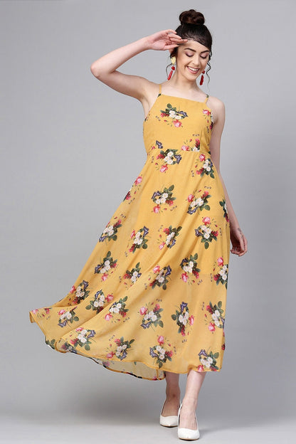 Women's Mustard Floral Strappy Flared Maxi