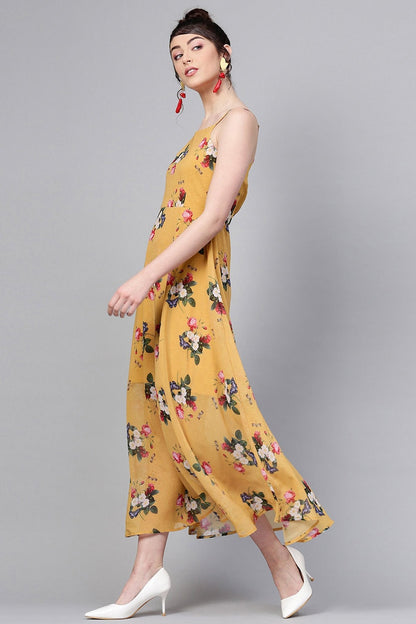 Women's Mustard Floral Strappy Flared Maxi
