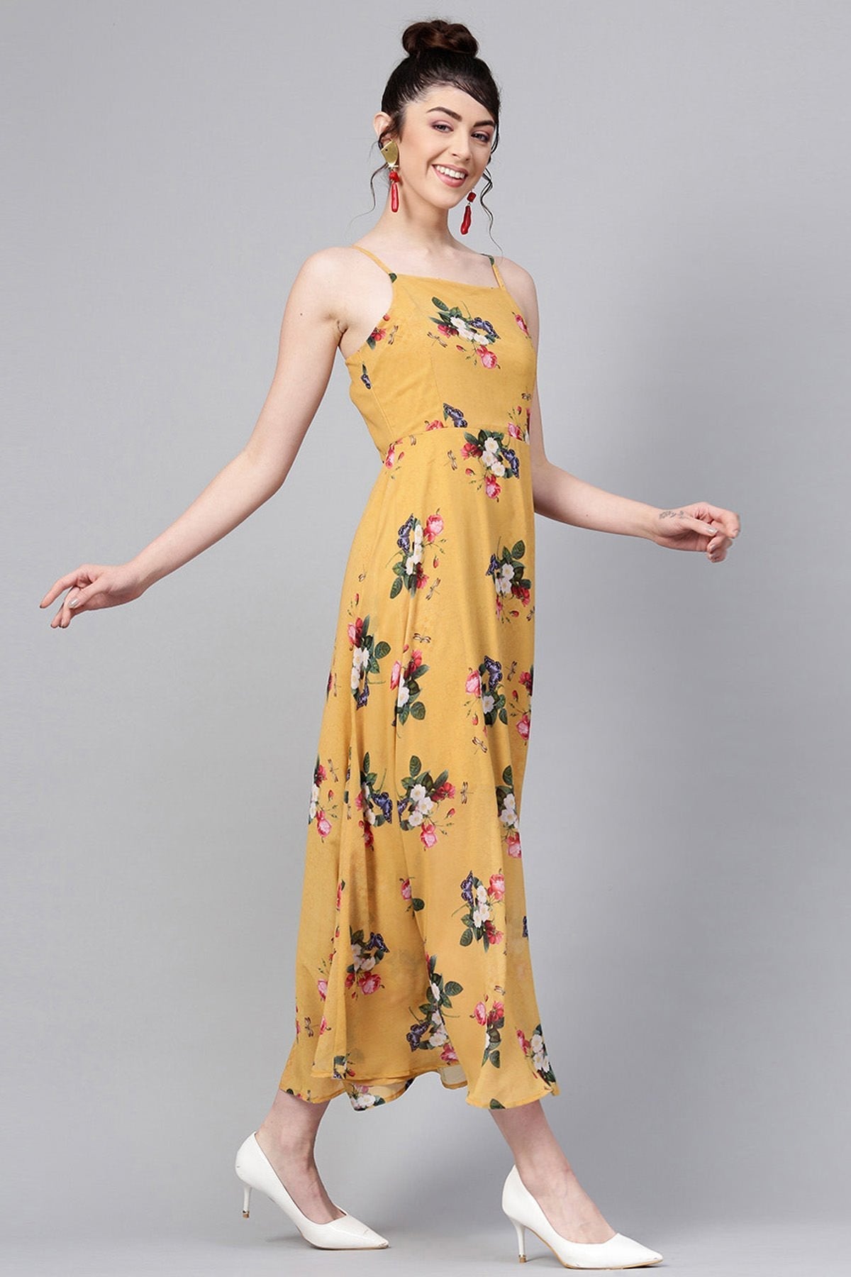 Women's Mustard Floral Strappy Flared Maxi