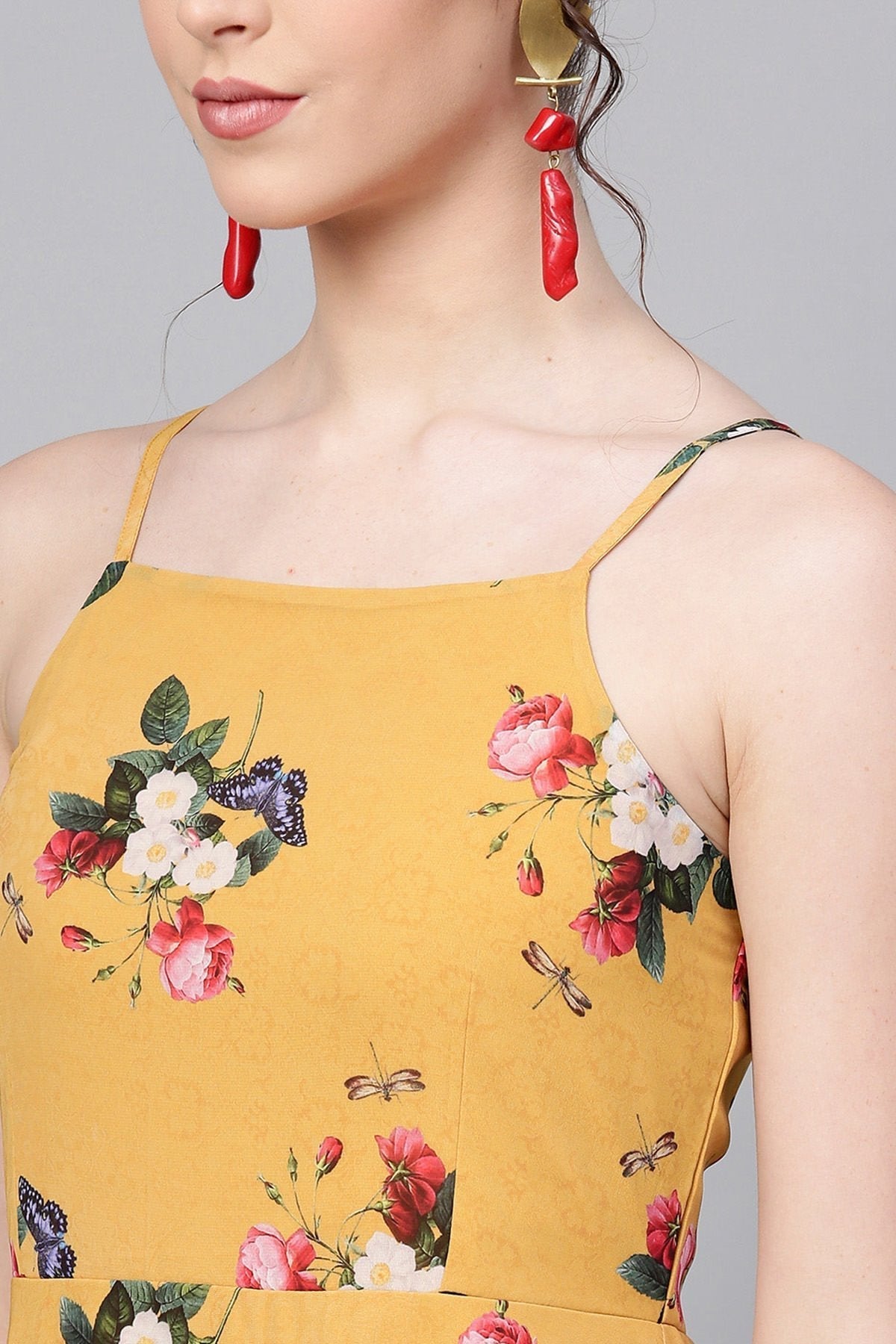 Women's Mustard Floral Strappy Flared Maxi
