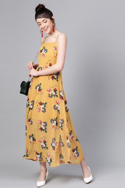 Women's Mustard Floral Strappy Flared Maxi