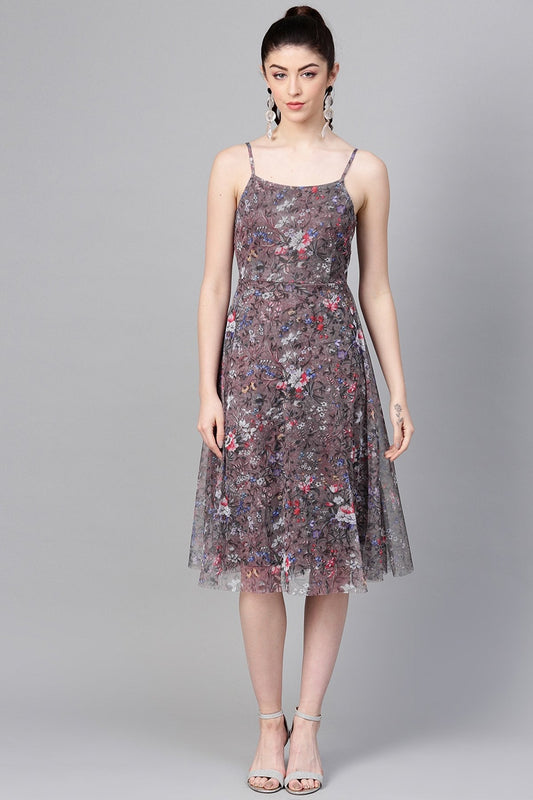 Women's Brown Mesh Floral Strappy Midi