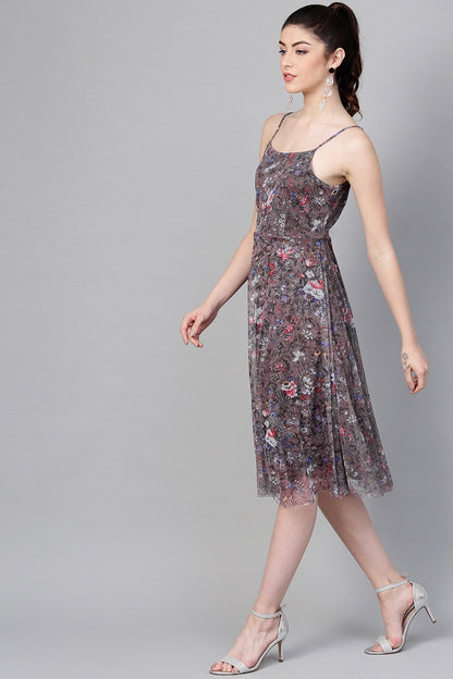 Women's Brown Mesh Floral Strappy Midi
