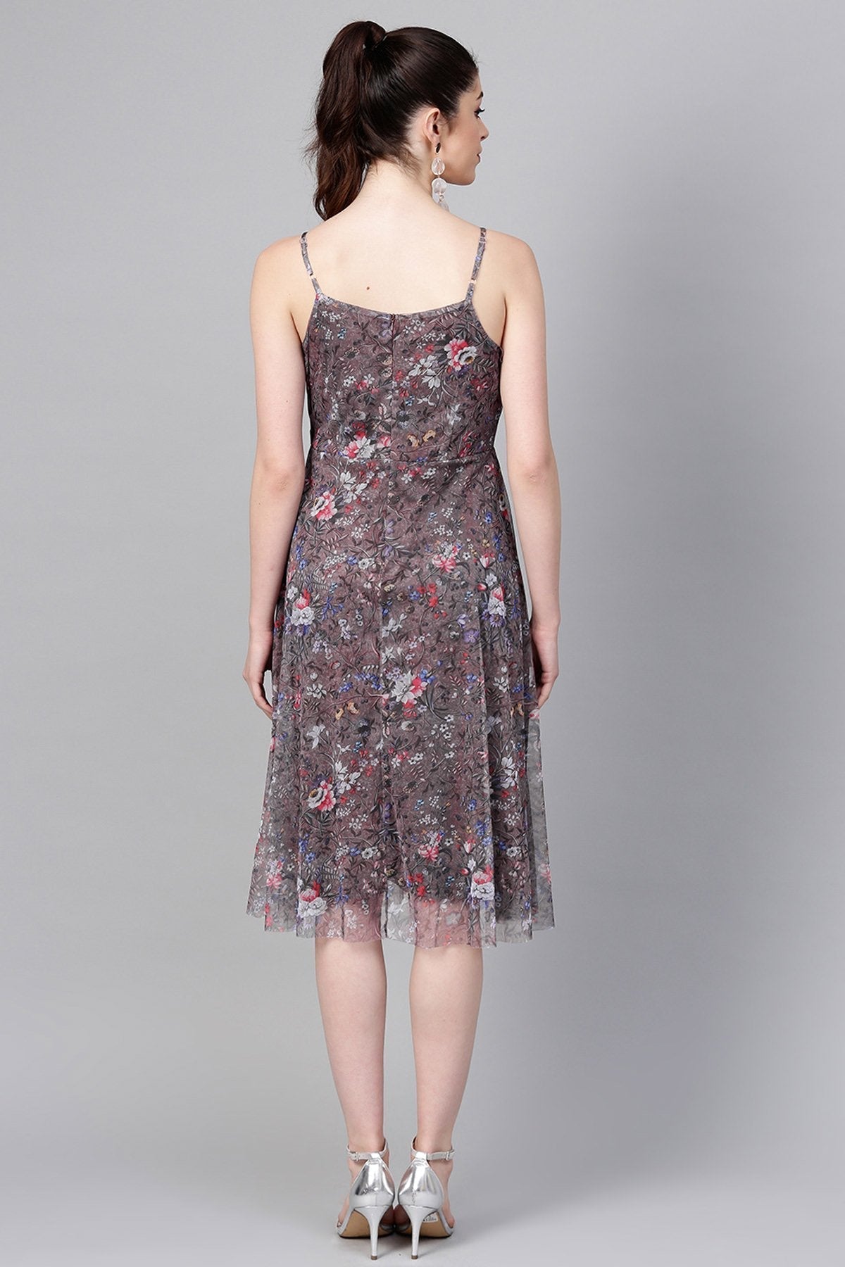 Women's Brown Mesh Floral Strappy Midi