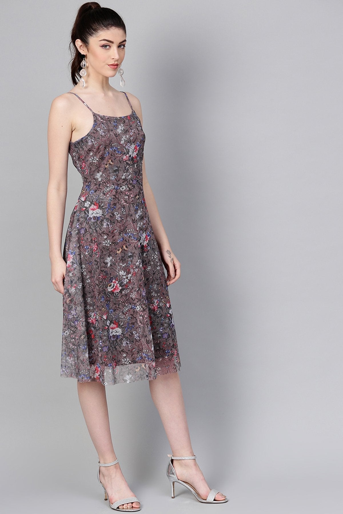 Women's Brown Mesh Floral Strappy Midi