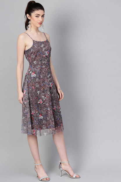 Women's Brown Mesh Floral Strappy Midi