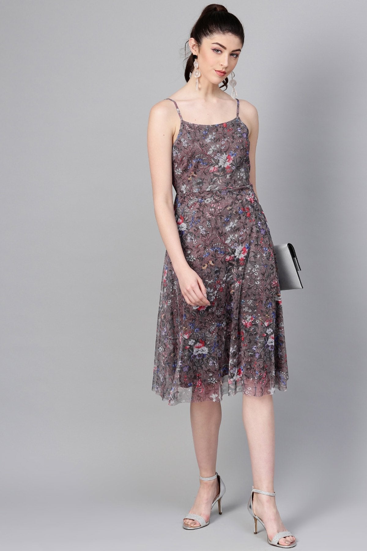 Women's Brown Mesh Floral Strappy Midi