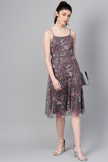 Women's Brown Mesh Floral Strappy Midi
