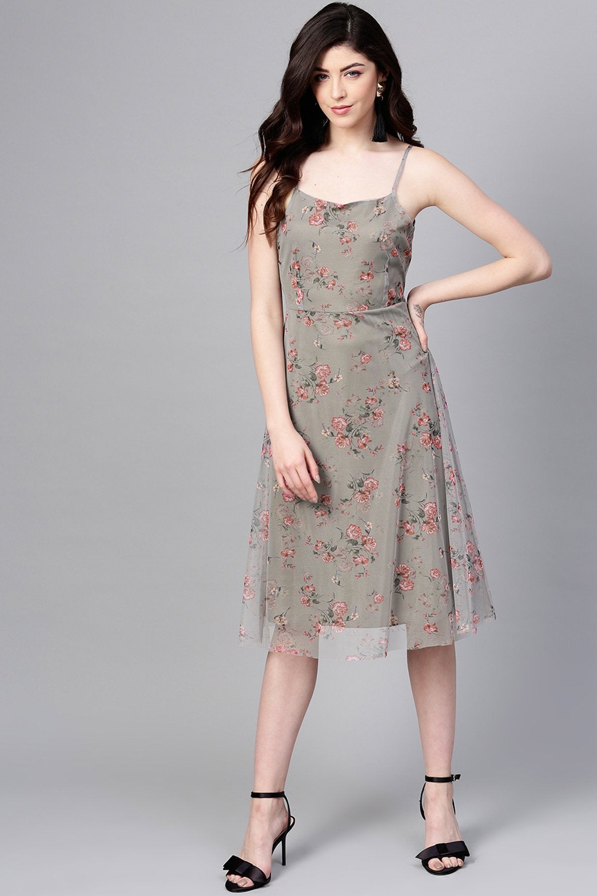 Women's Olive Mesh Floral Strappy Midi