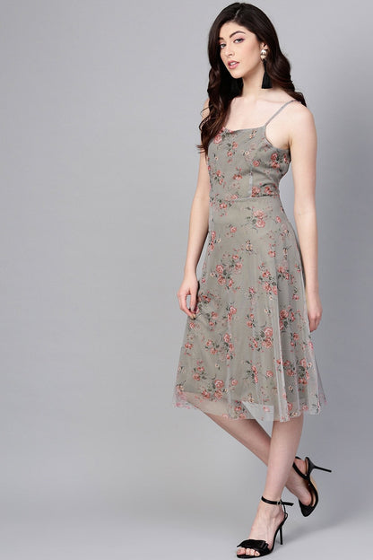 Women's Olive Mesh Floral Strappy Midi