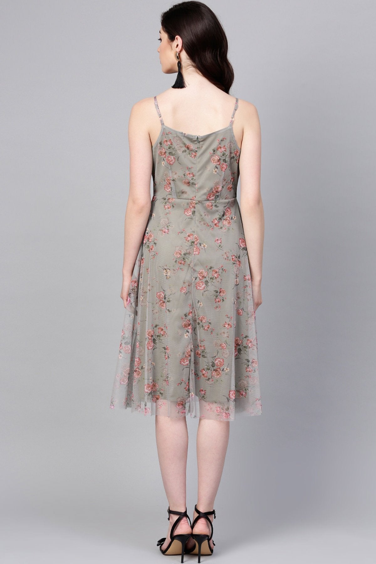 Women's Olive Mesh Floral Strappy Midi