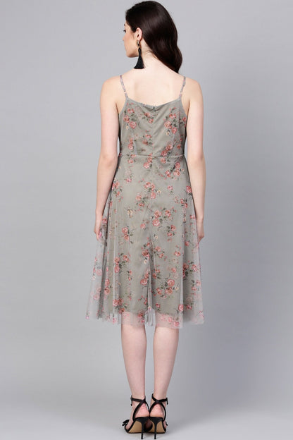 Women's Olive Mesh Floral Strappy Midi