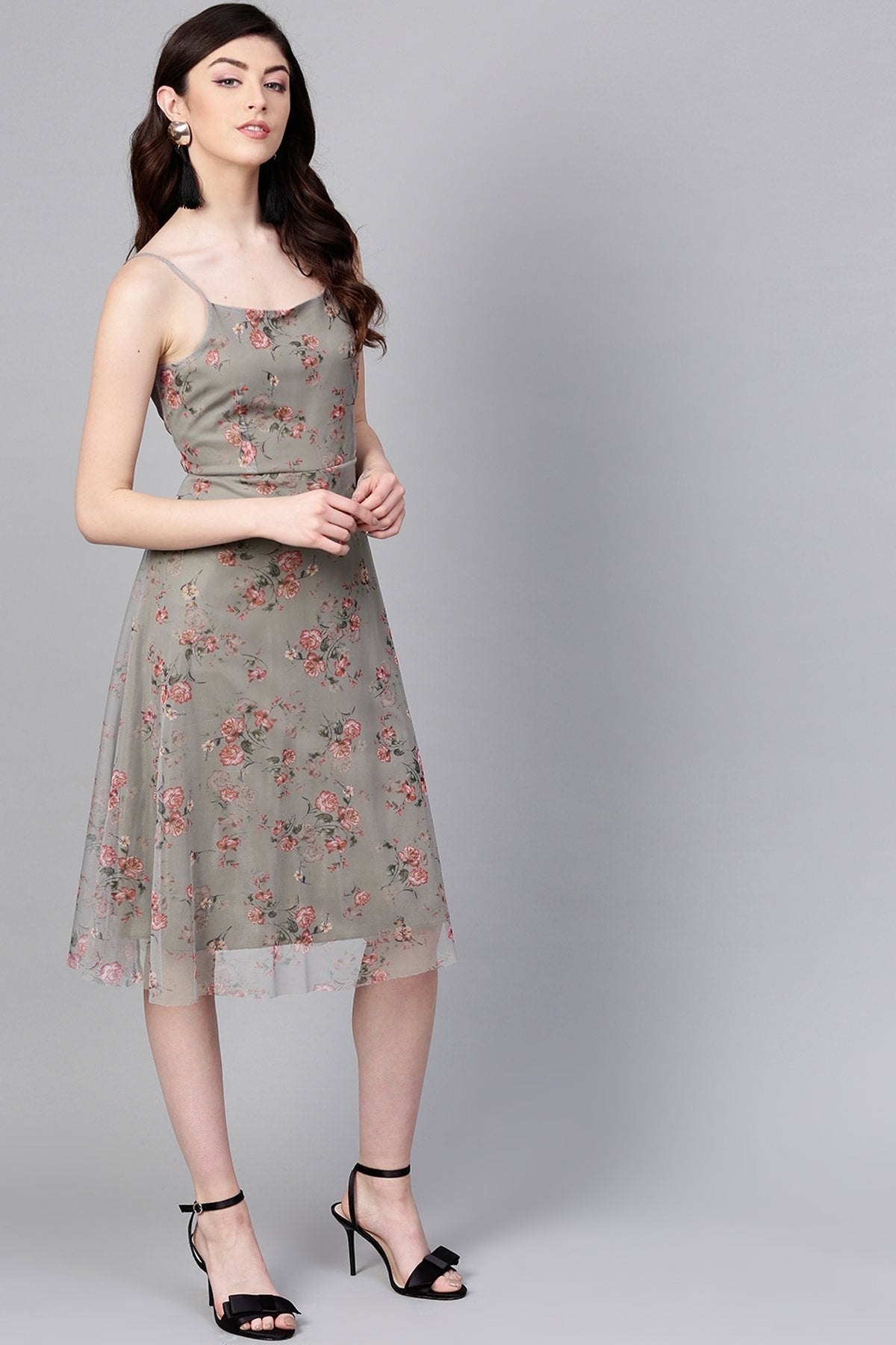Women's Olive Mesh Floral Strappy Midi