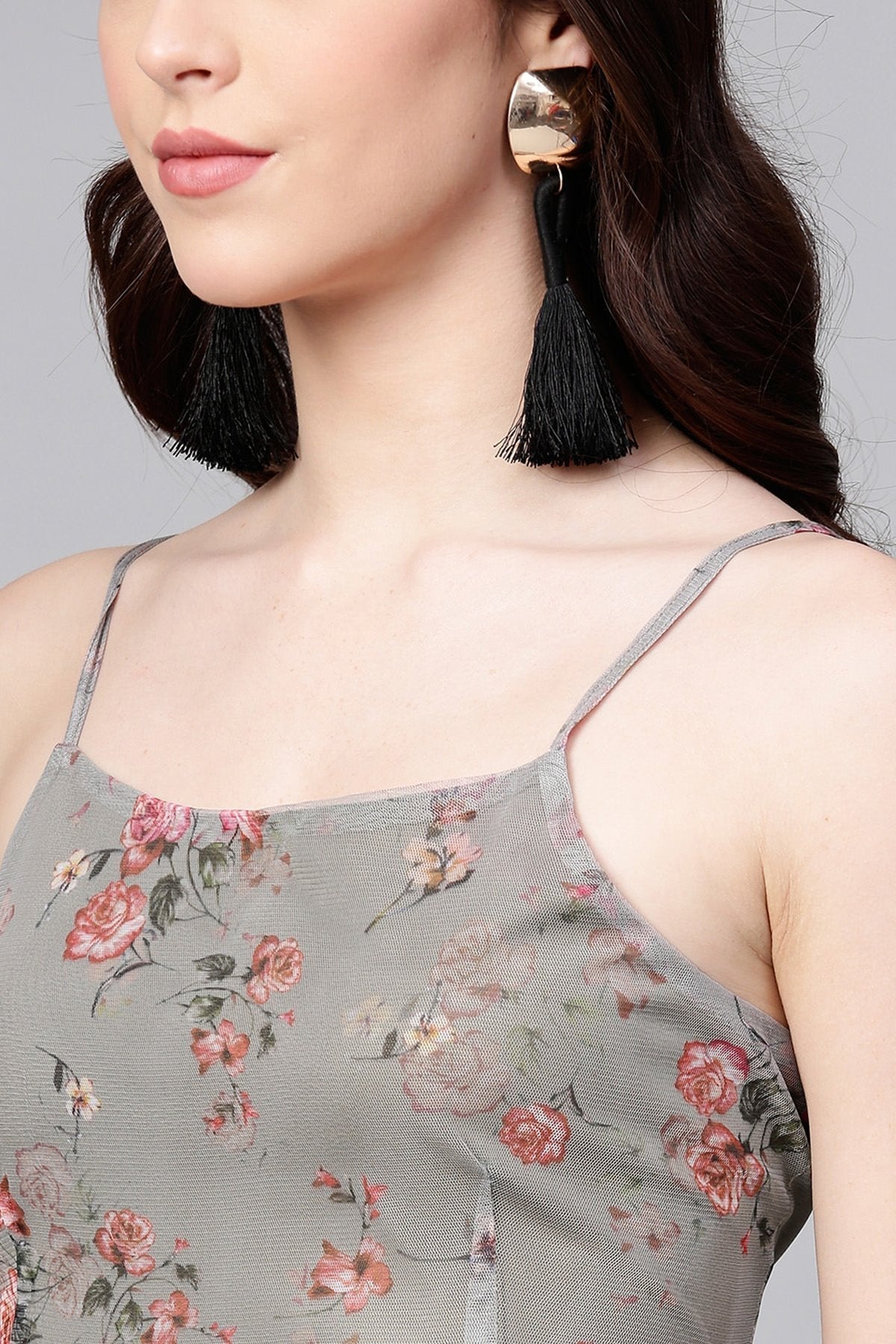 Women's Olive Mesh Floral Strappy Midi