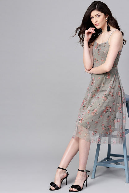 Women's Olive Mesh Floral Strappy Midi