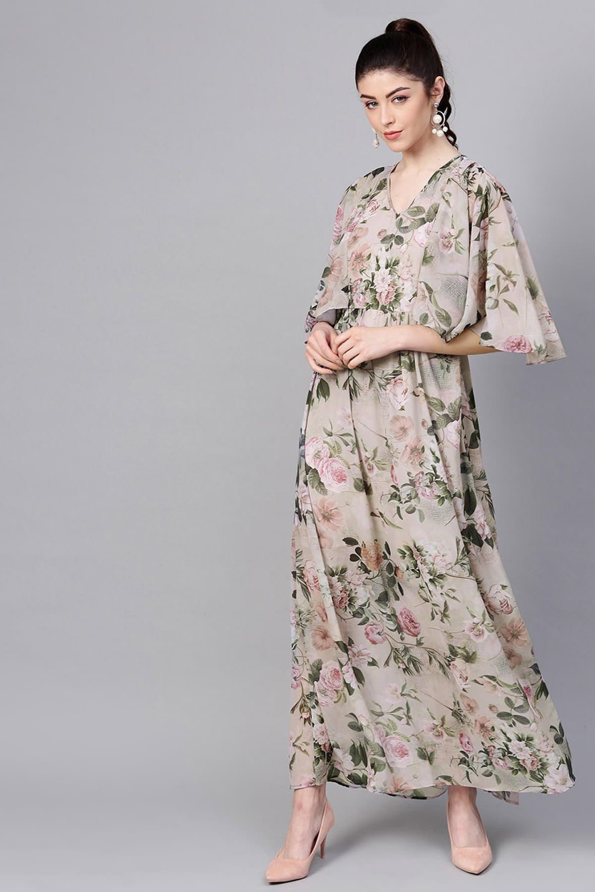 Women's Pista Green Floral Cape Maxi