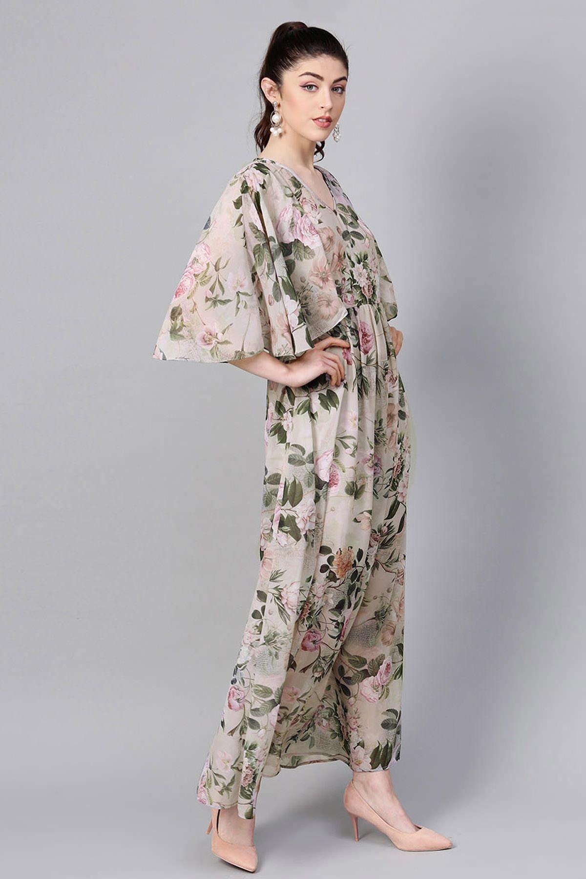 Women's Pista Green Floral Cape Maxi