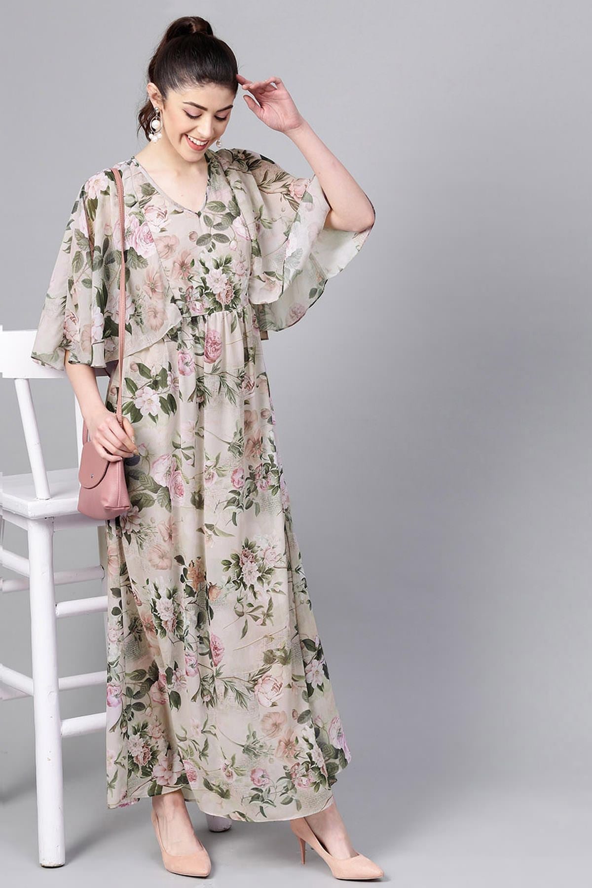 Women's Pista Green Floral Cape Maxi