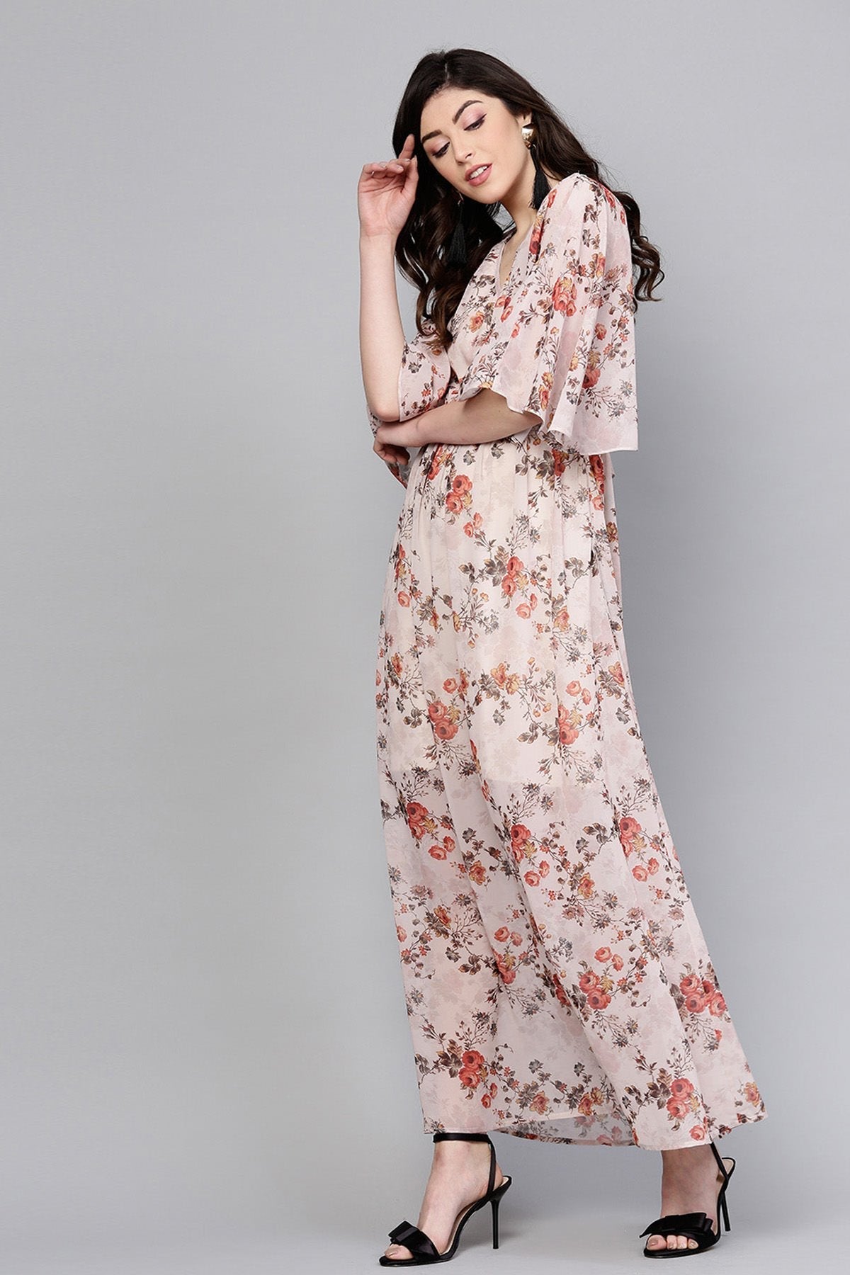 Women's Taupe Floral Cape Maxi