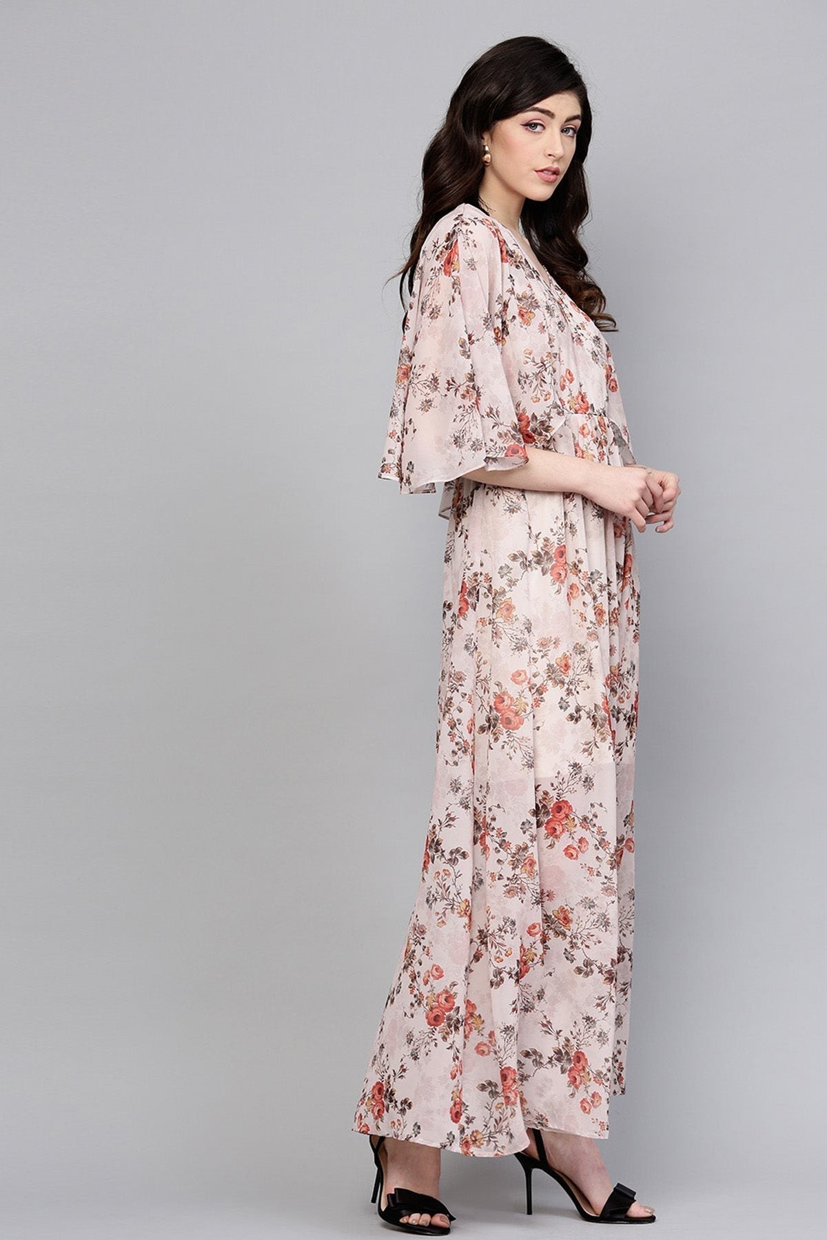 Women's Taupe Floral Cape Maxi