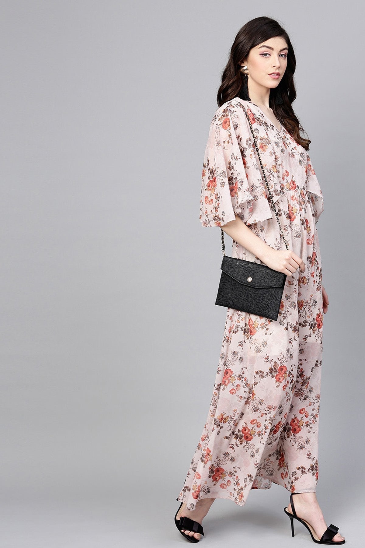 Women's Taupe Floral Cape Maxi