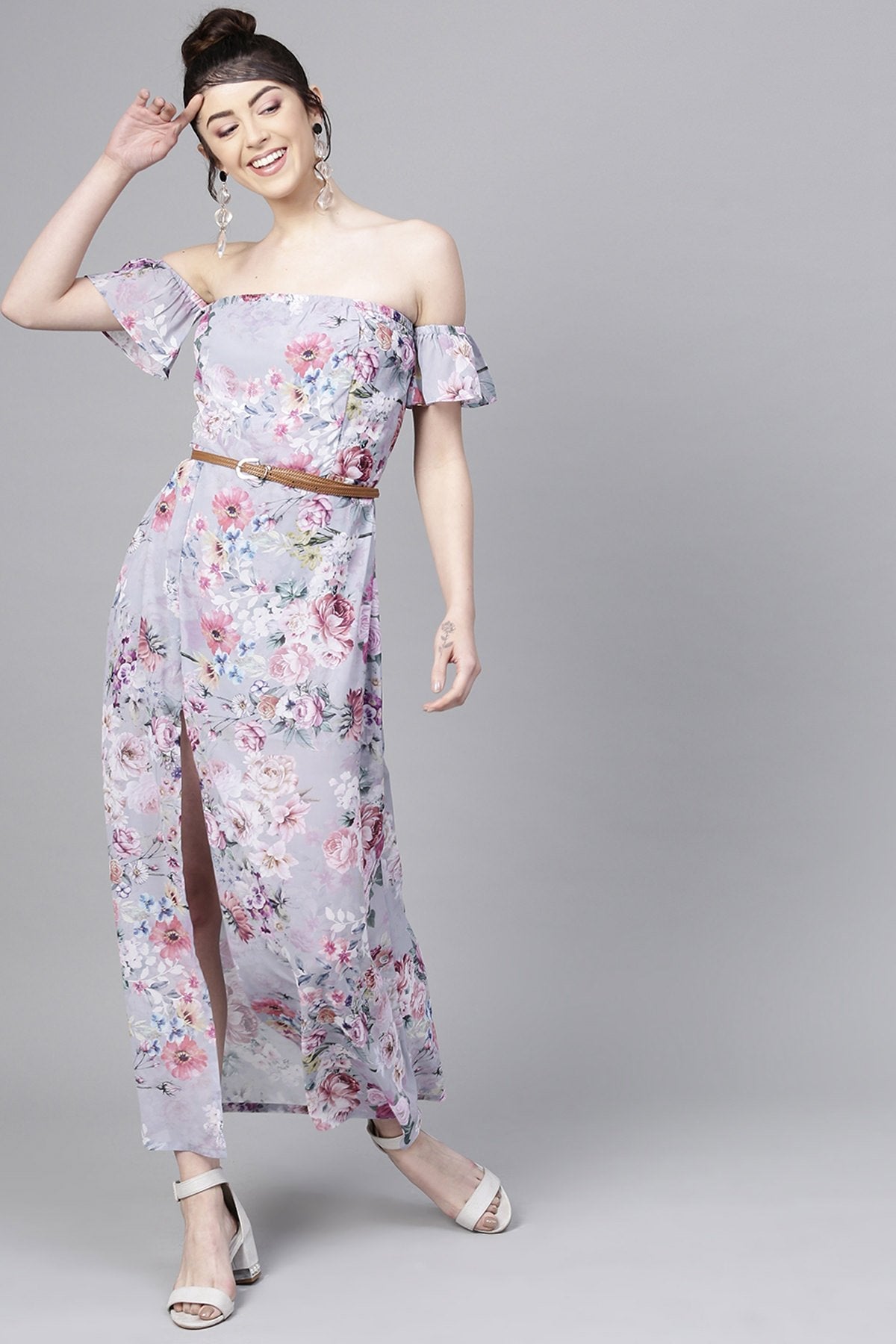 Women's Grey Floral Off Shoulder Belted Maxi