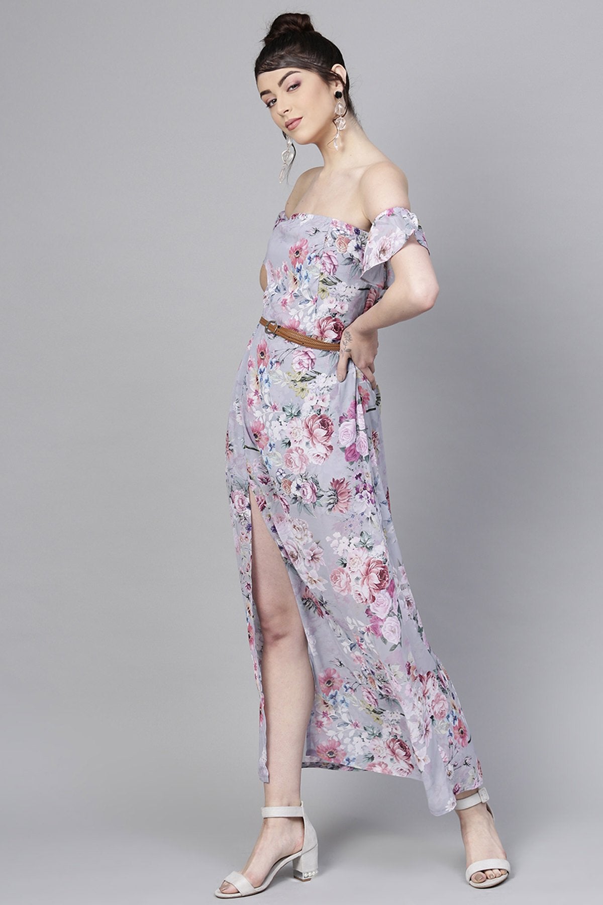Women's Grey Floral Off Shoulder Belted Maxi