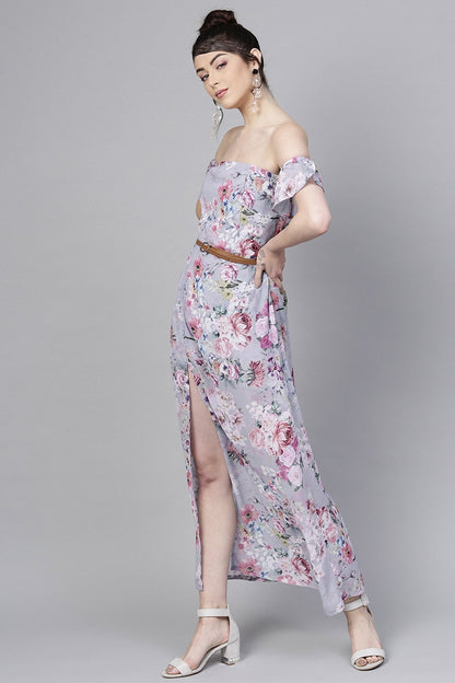 Women's Grey Floral Off Shoulder Belted Maxi