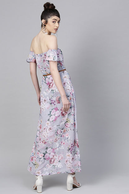 Women's Grey Floral Off Shoulder Belted Maxi