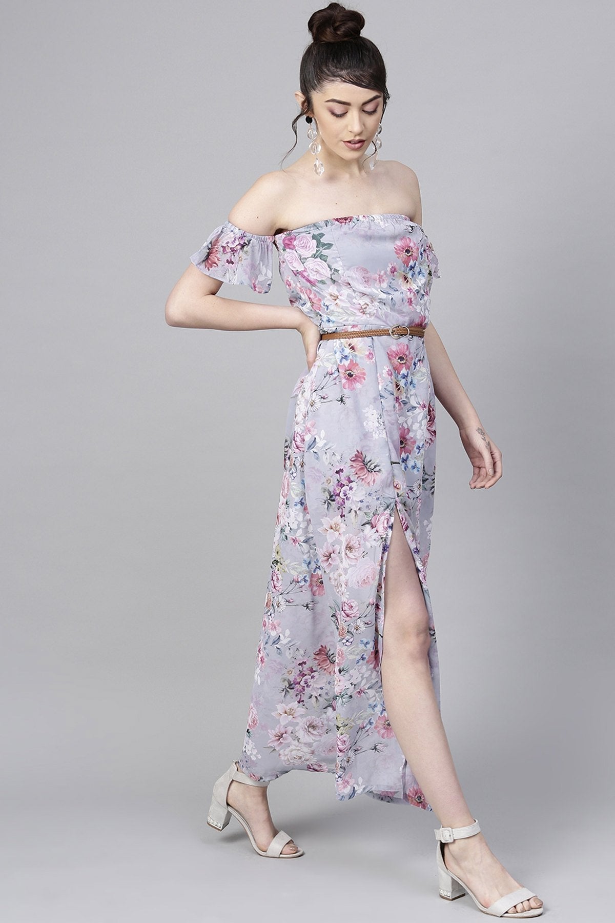 Women's Grey Floral Off Shoulder Belted Maxi