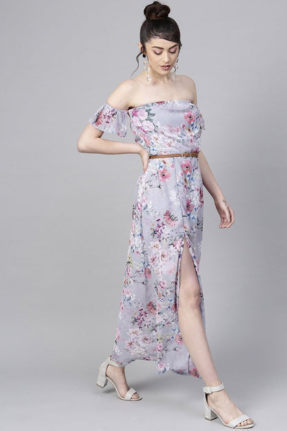 Women's Grey Floral Off Shoulder Belted Maxi