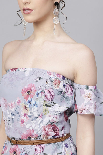 Women's Grey Floral Off Shoulder Belted Maxi
