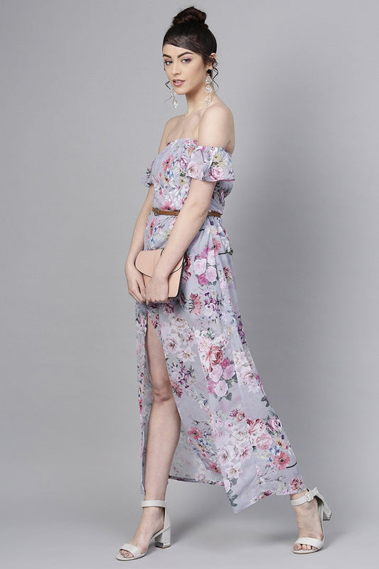 Women's Grey Floral Off Shoulder Belted Maxi